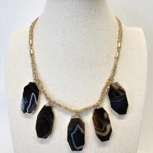Chunky Agate Stone Necklace Gold-Tone Large Statement Black‎
